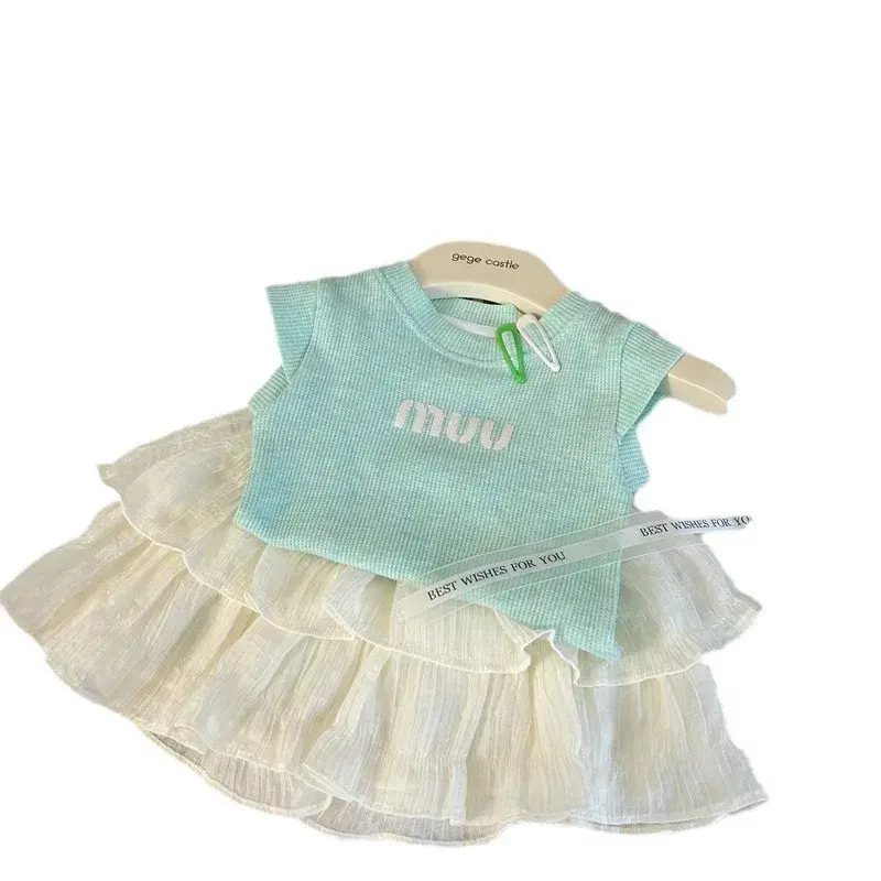 Korean Style Children's Clothing Summer New Arrival Girls' Fly Sleeve Letter Vest Skirt Two-Piece Set Fashionable And Cute