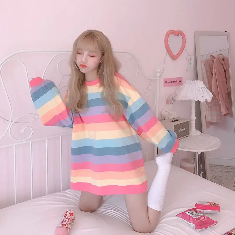 2023 Autumn Winter Rainbow Stripe Long Sleeve Sweatshirt Women's Korean Trendy Loose Fit Harajuku Thin Top Outer Wear