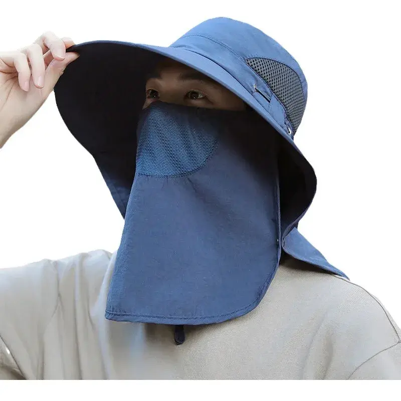 Men's Summer Fishing Wide Brim Sunshade Hat Outdoor Mountain Climbing Shoulder Length Scarf UV Protection Mesh Face Veil Hat