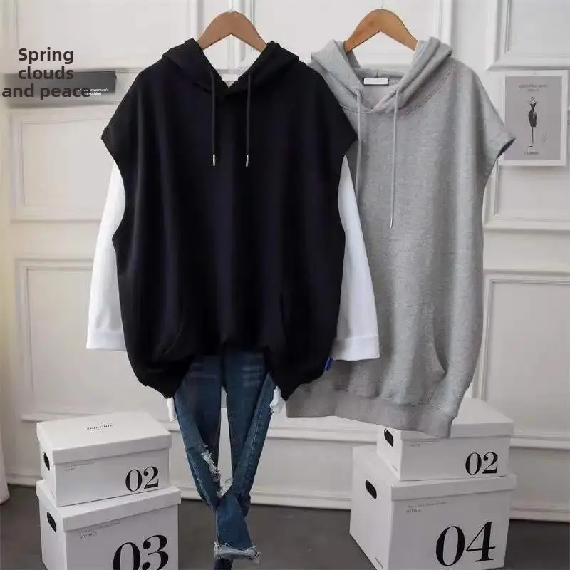 Spring Autumn Loose-Fit Plus Size Simple Medium-Length Sweatshirt Women's Hooded Vest Jacket Ins Without Sleeves