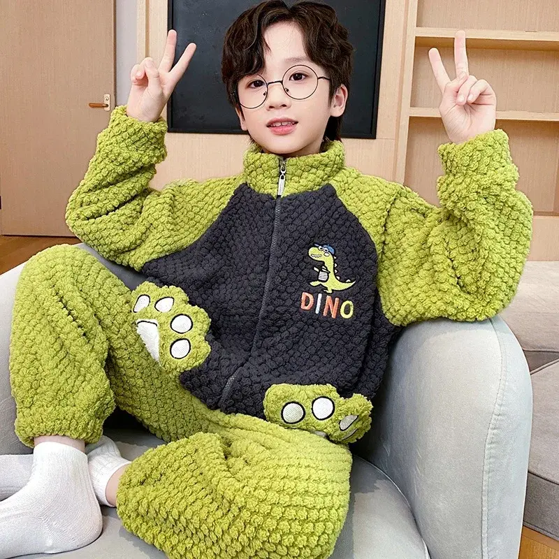 2023 New Autumn Boys Sleepwear Coral Fleece-Lined Flannel Home Clothes Winter Warm Comfortable Children's Pajamas Set