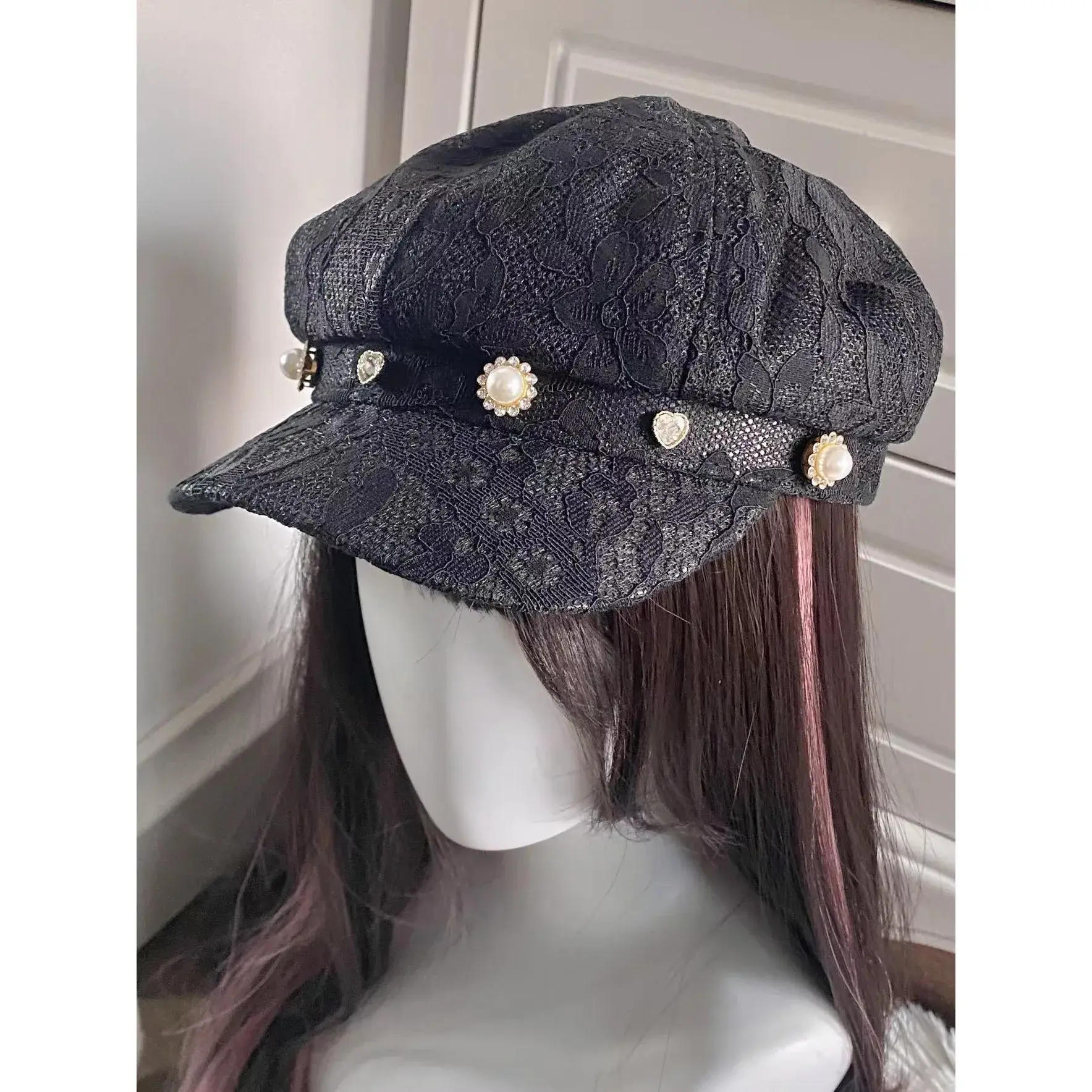 Y2K Millennium Mass Production Rhinestone Heart Lace Octagonal Beret Hat Korean Style Hair Extension Accessory Chinese Origin