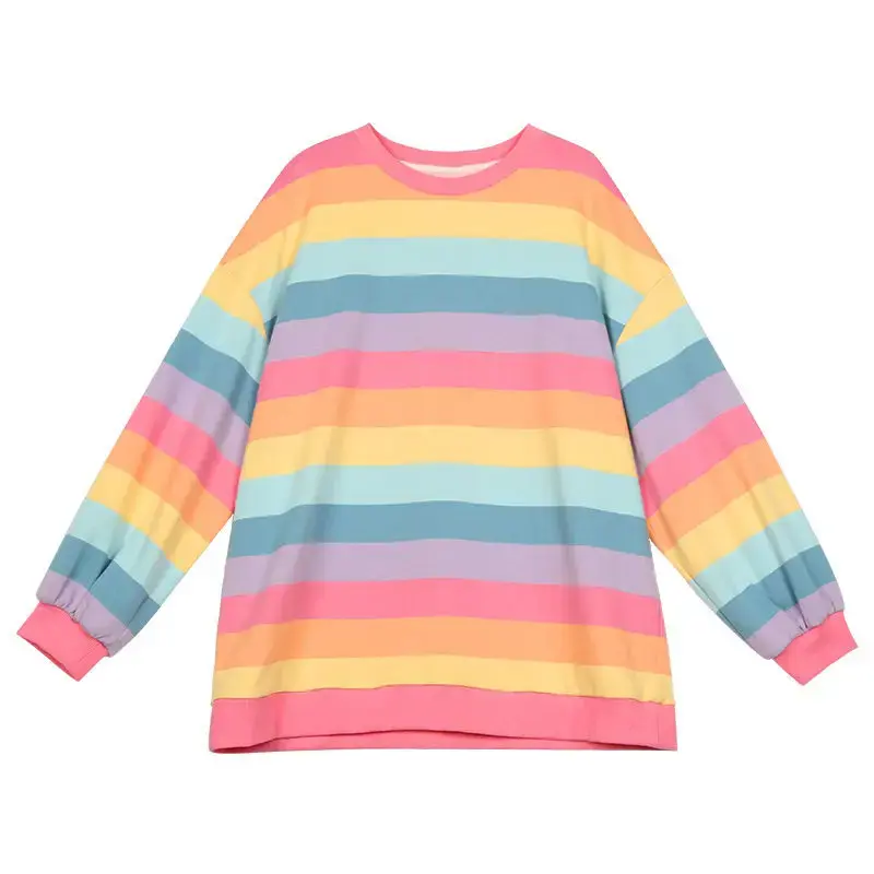2023 Autumn Winter Rainbow Stripe Long Sleeve Sweatshirt Women's Korean Trendy Loose Fit Harajuku Thin Top Outer Wear