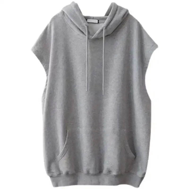 Spring Autumn Loose-Fit Plus Size Simple Medium-Length Sweatshirt Women's Hooded Vest Jacket Ins Without Sleeves