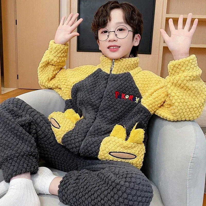 2023 New Autumn Boys Sleepwear Coral Fleece-Lined Flannel Home Clothes Winter Warm Comfortable Children's Pajamas Set