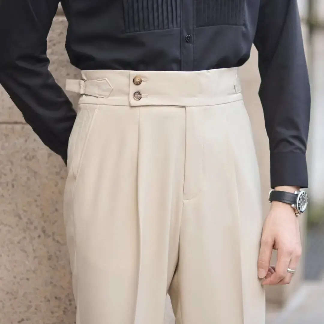 Nadler Vintage High-waisted Men's Casual Straight-leg Pants Smalltrousers British Business Paris Buckle White Long Trousers