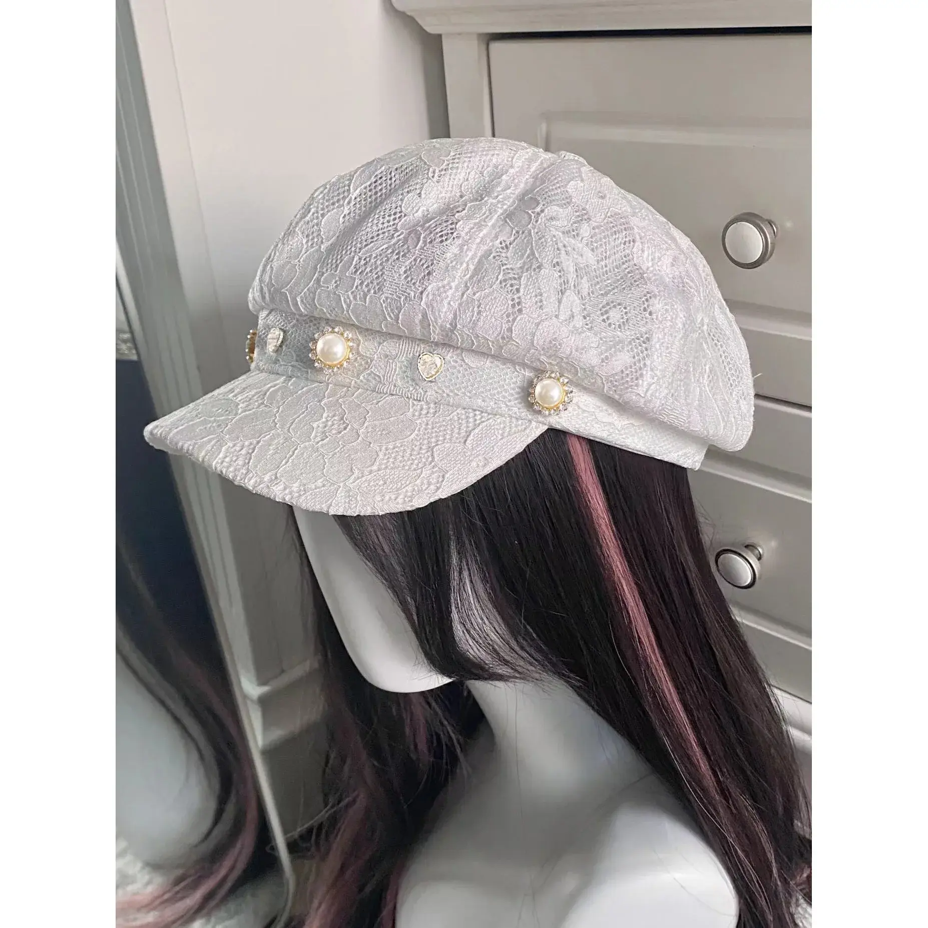 Y2K Millennium Mass Production Rhinestone Heart Lace Octagonal Beret Hat Korean Style Hair Extension Accessory Chinese Origin