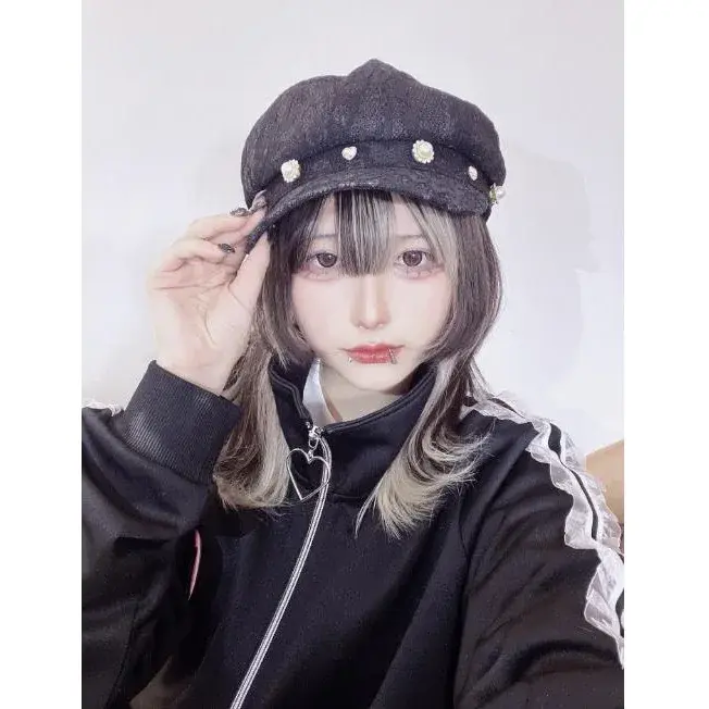Y2K Millennium Mass Production Rhinestone Heart Lace Octagonal Beret Hat Korean Style Hair Extension Accessory Chinese Origin
