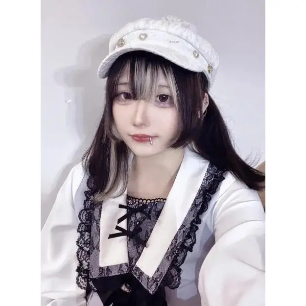 Y2K Millennium Mass Production Rhinestone Heart Lace Octagonal Beret Hat Korean Style Hair Extension Accessory Chinese Origin