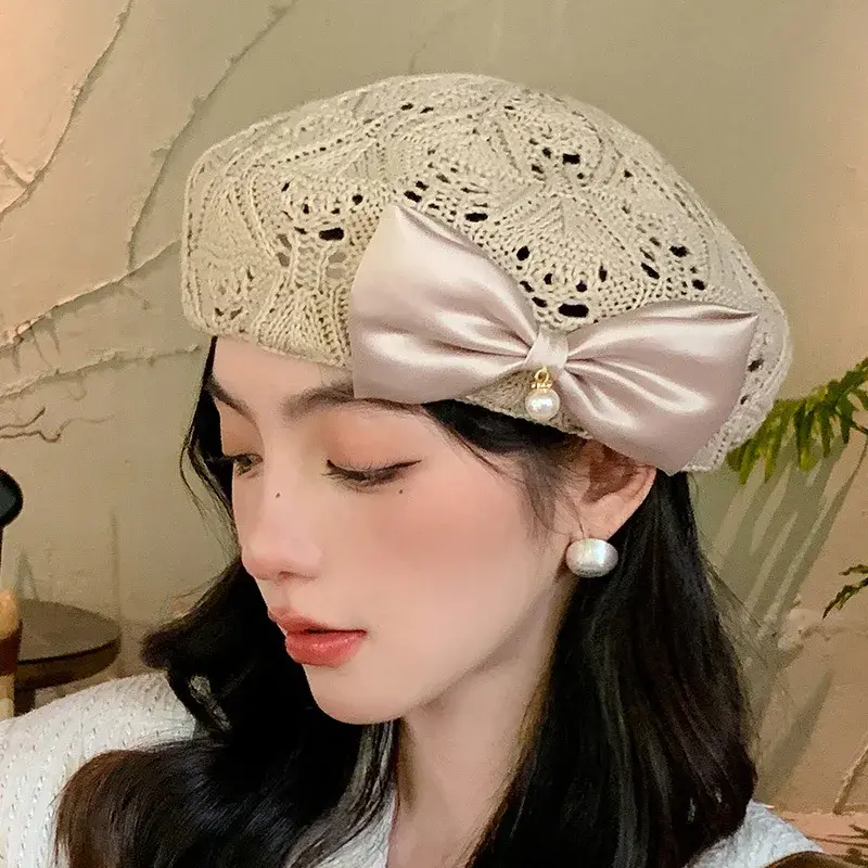 Hand Knitted Pearl Butterfly Knot Beret Hat Women's Korean Fashion Breathable Small Face Painter Cap Autumn Hollow out Design