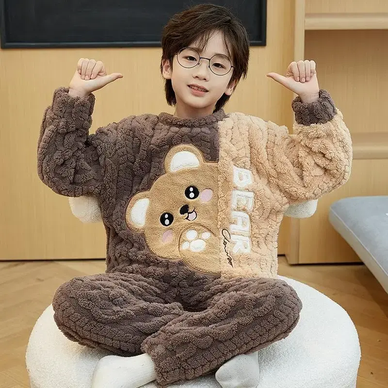 Children's Sleepwear Coral Fleece Flannel round Neck Home Clothes Set Cartoon Print Boys' Pajamas Soft Comfortable Kids' Clothin