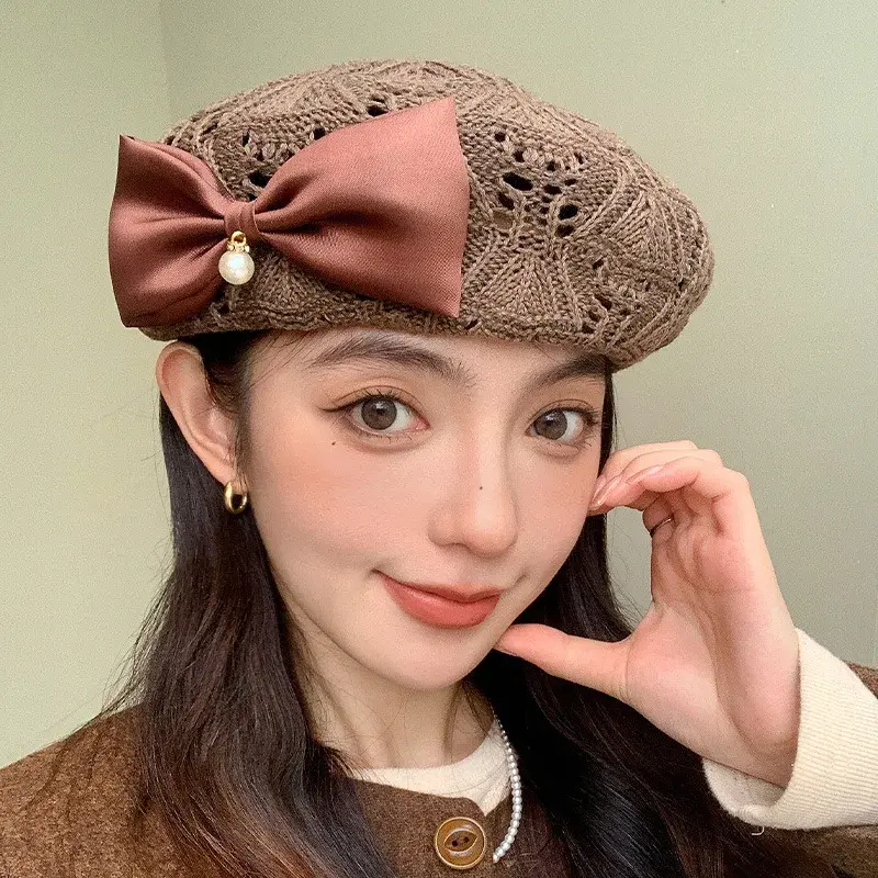 Hand Knitted Pearl Butterfly Knot Beret Hat Women's Korean Fashion Breathable Small Face Painter Cap Autumn Hollow out Design