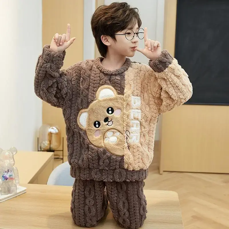 Children's Sleepwear Coral Fleece Flannel round Neck Home Clothes Set Cartoon Print Boys' Pajamas Soft Comfortable Kids' Clothin