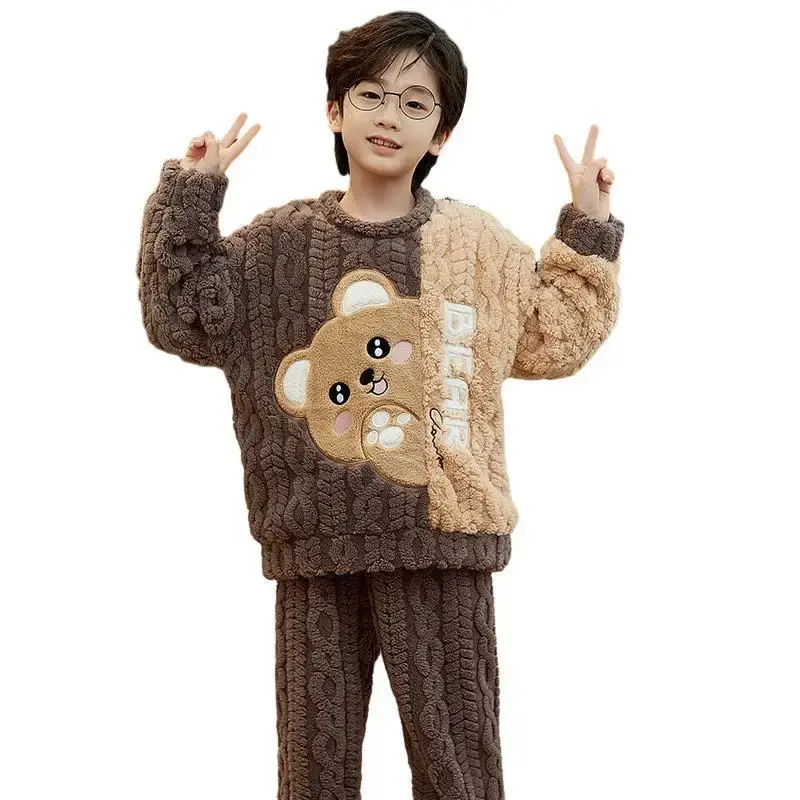 Children's Sleepwear Coral Fleece Flannel round Neck Home Clothes Set Cartoon Print Boys' Pajamas Soft Comfortable Kids' Clothin