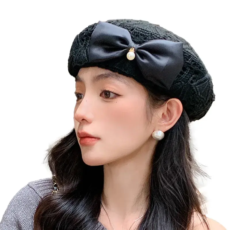 Hand Knitted Pearl Butterfly Knot Beret Hat Women's Korean Fashion Breathable Small Face Painter Cap Autumn Hollow out Design
