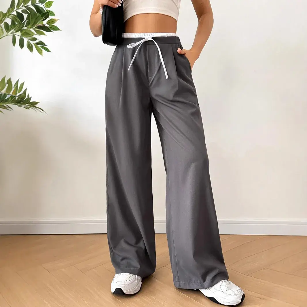 Casual Women's Loose-Fit Bell Bottoms With Drawstring Amazon Cross-Border Trade European And American Style Color Blocking Pocke
