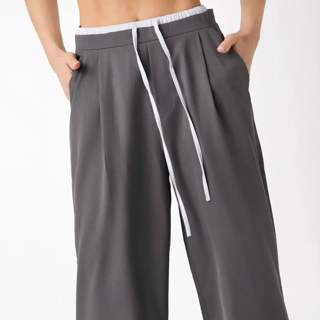 Casual Women's Loose-Fit Bell Bottoms With Drawstring Amazon Cross-Border Trade European And American Style Color Blocking Pocke