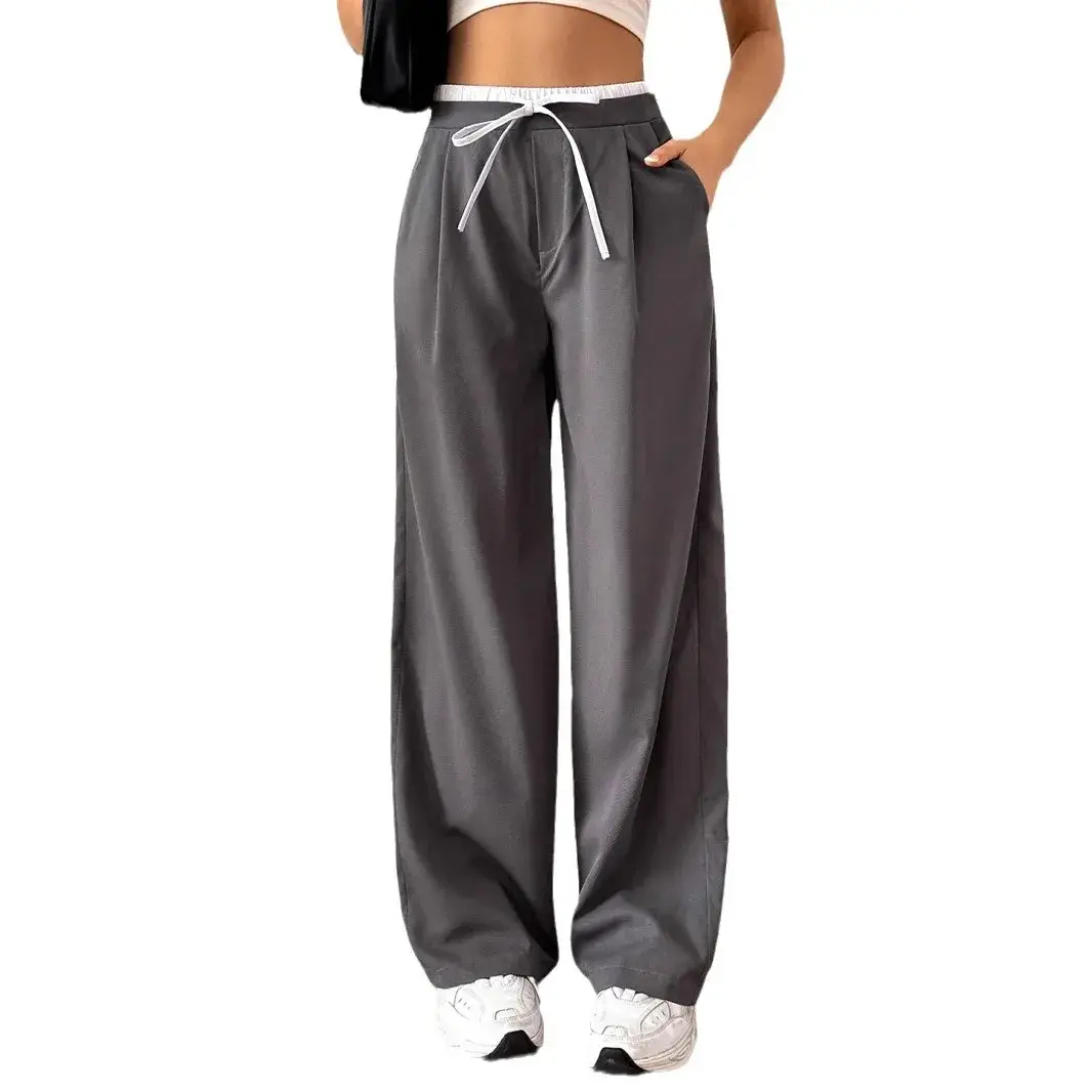 Casual Women's Loose-Fit Bell Bottoms With Drawstring Amazon Cross-Border Trade European And American Style Color Blocking Pocke