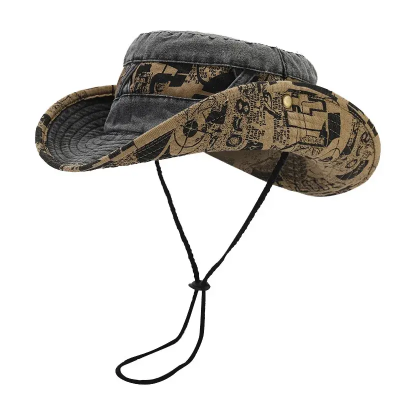 Fashionable Large Brim Washed Denim Print Fishing Cap Unisex Western Style Cowboy Sunshade Hat Travel Outdoor Sun Protection Cap
