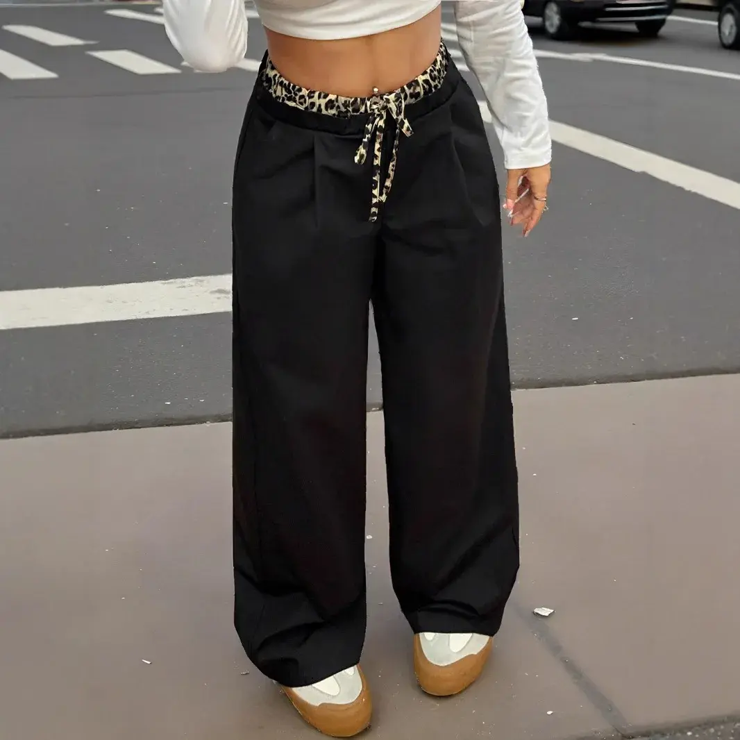 Casual Women's Loose-Fit Bell Bottoms With Drawstring Amazon Cross-Border Trade European And American Style Color Blocking Pocke
