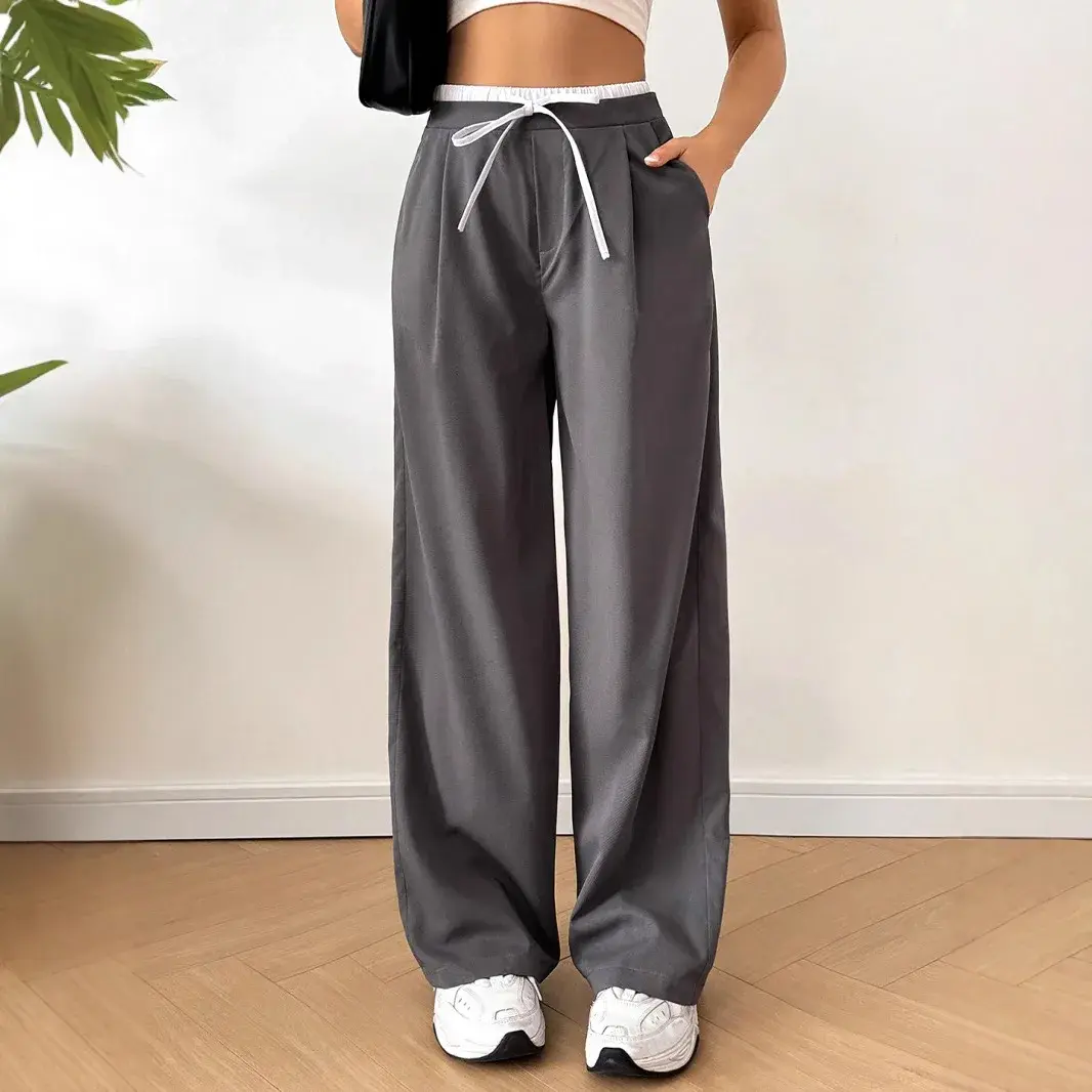 Casual Women's Loose-Fit Bell Bottoms With Drawstring Amazon Cross-Border Trade European And American Style Color Blocking Pocke