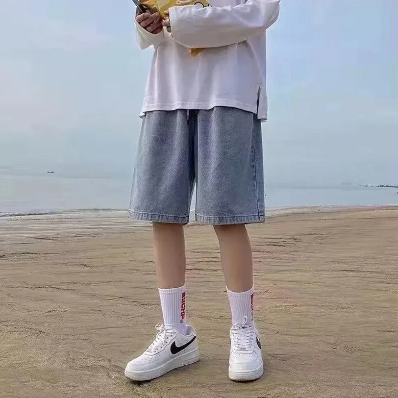 Loose Straight Leg Jeans Shorts Men's Summer Wide Leg Casual Youth Workwear Hong Kong Style Five-Point Pants for Teens