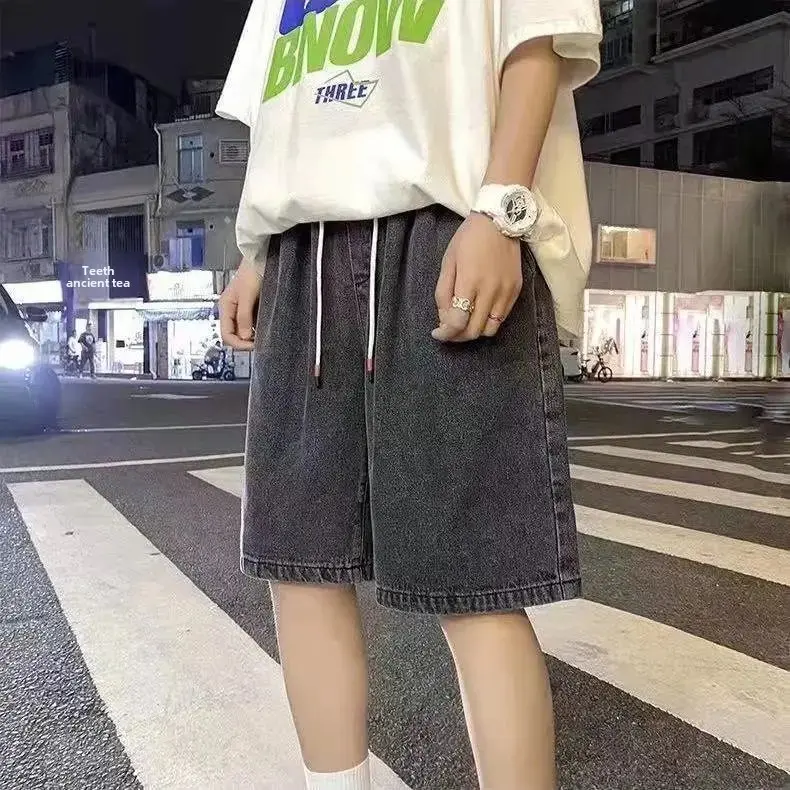 Loose Straight Leg Jeans Shorts Men's Summer Wide Leg Casual Youth Workwear Hong Kong Style Five-Point Pants for Teens