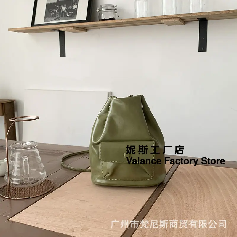 Nine's Korean-Style Fashionable Silver Unique Outdoor Bucket Bag With Drawstring For Women Age-Reducing Single Shoulder Double S