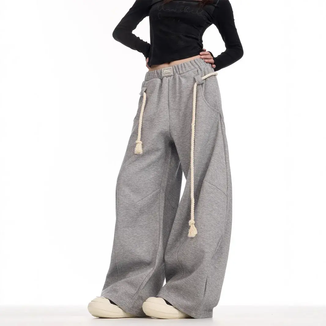 Premium Grey Curved Knife Banana Pants Women's Men's Autumn Trendy Brand Woven Rough Rope Loose Fit Draped Wide Leg Slimming Cas