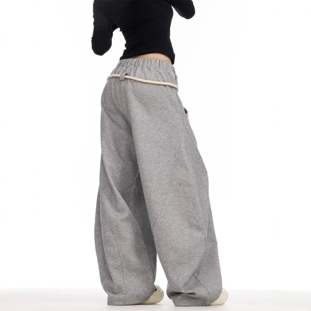Premium Grey Curved Knife Banana Pants Women's Men's Autumn Trendy Brand Woven Rough Rope Loose Fit Draped Wide Leg Slimming Cas