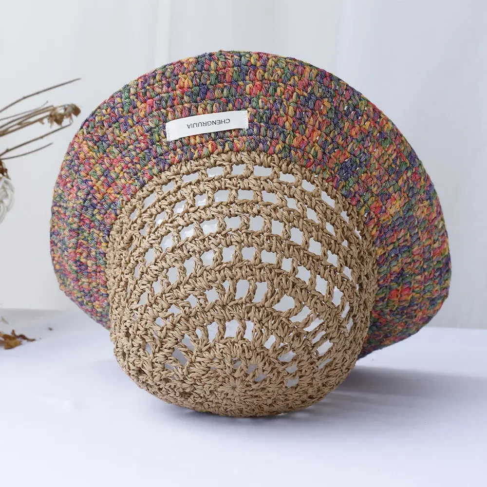 Handmade Straw Hat Summer Beach Women's Style Colorful Thread Knitted Fisherman Breathable Fashionable Versatile Cotton Thread S
