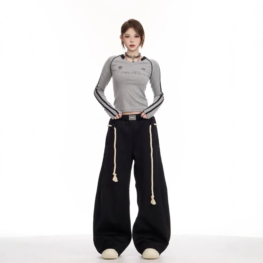 Premium Grey Curved Knife Banana Pants Women's Men's Autumn Trendy Brand Woven Rough Rope Loose Fit Draped Wide Leg Slimming Cas