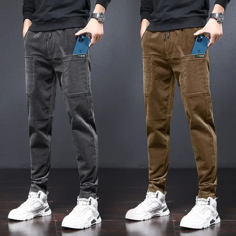 2023 New Corduroy Casual Pants For Men Fleece-lined Warm Striped Velvet Multi-pocket Slim Fit Straight Leg Pants