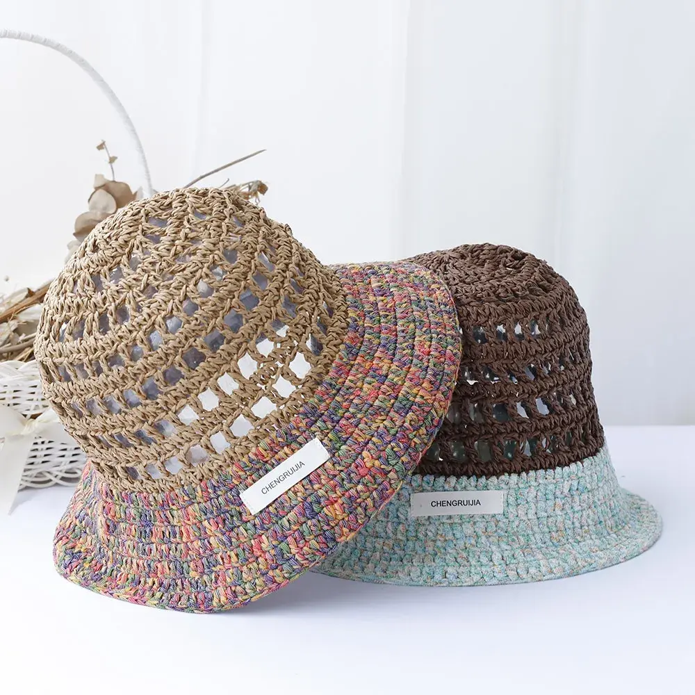 Handmade Straw Hat Summer Beach Women's Style Colorful Thread Knitted Fisherman Breathable Fashionable Versatile Cotton Thread S
