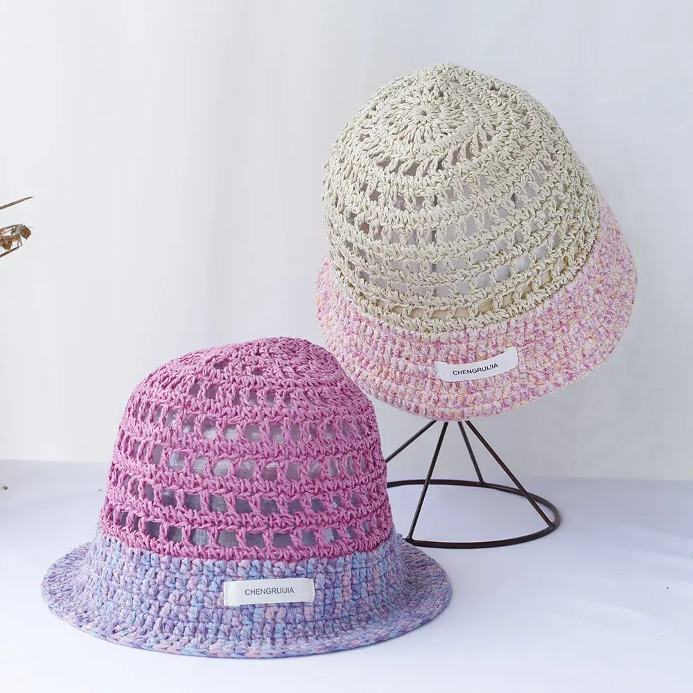 Handmade Straw Hat Summer Beach Women's Style Colorful Thread Knitted Fisherman Breathable Fashionable Versatile Cotton Thread S