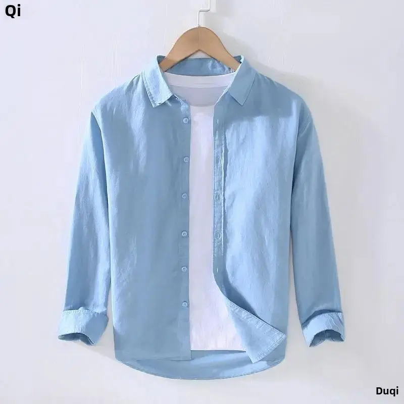 New Spring Summer Men's Long Sleeve Cotton Linen Shirt Loose Fit Business Casual Linen Beige Shirt Trendy