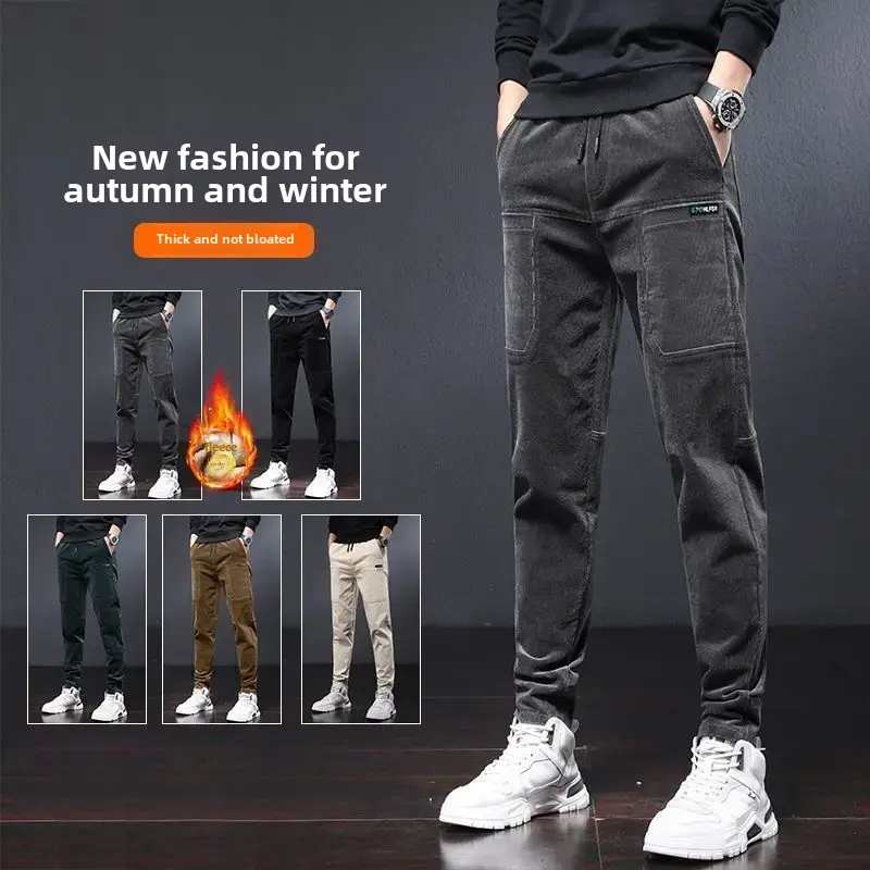 2023 New Corduroy Casual Pants For Men Fleece-lined Warm Striped Velvet Multi-pocket Slim Fit Straight Leg Pants