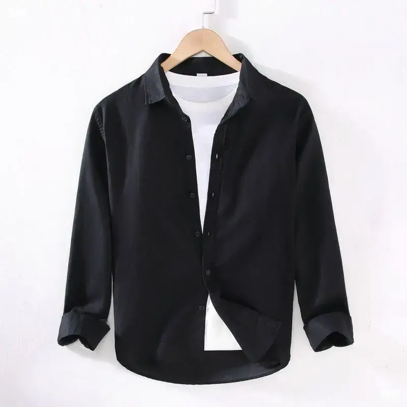 New Spring Summer Men's Long Sleeve Cotton Linen Shirt Loose Fit Business Casual Linen Beige Shirt Trendy