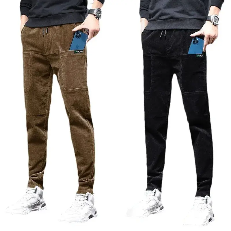 2023 New Corduroy Casual Pants For Men Fleece-lined Warm Striped Velvet Multi-pocket Slim Fit Straight Leg Pants