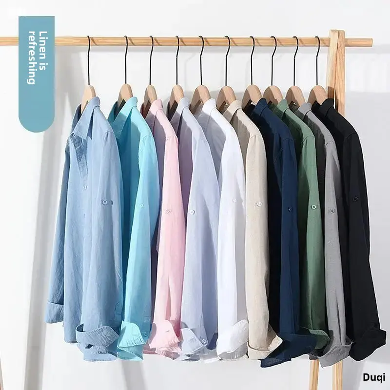 New Spring Summer Men's Long Sleeve Cotton Linen Shirt Loose Fit Business Casual Linen Beige Shirt Trendy