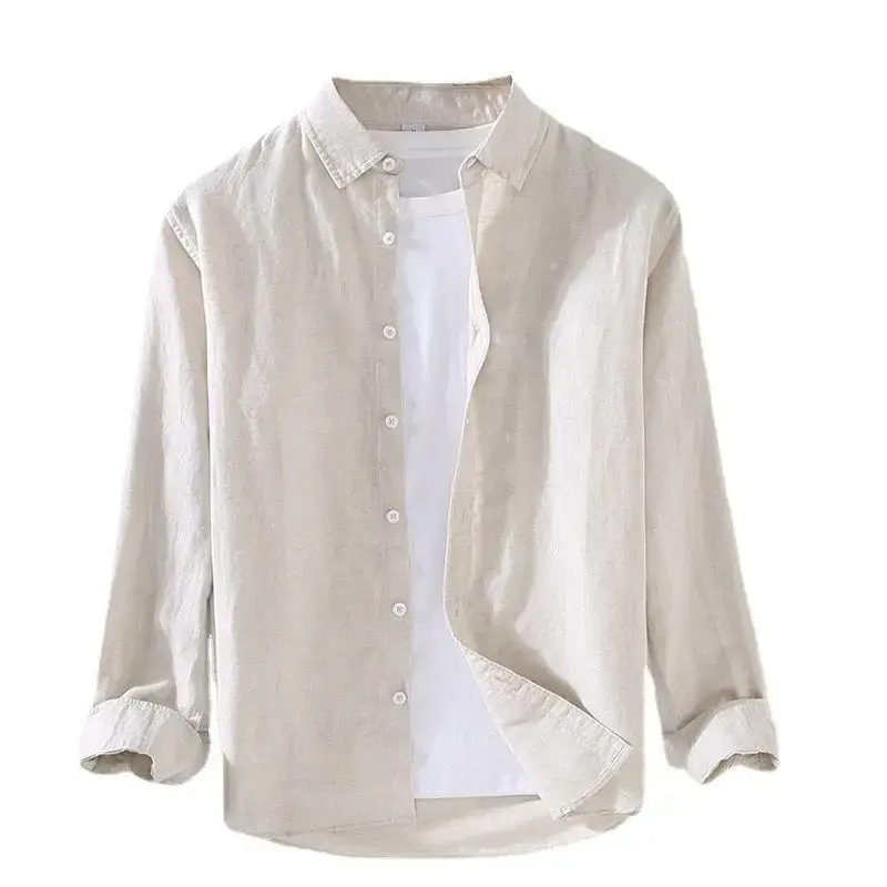 New Spring Summer Men's Long Sleeve Cotton Linen Shirt Loose Fit Business Casual Linen Beige Shirt Trendy