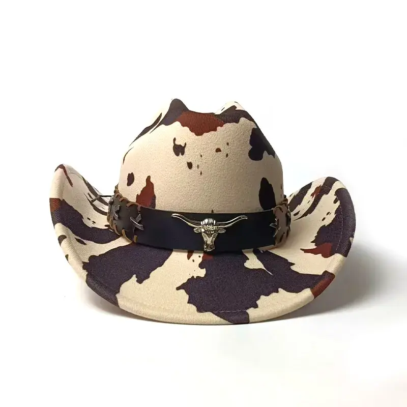 New Western Cowboy Hat Cow Head Design Sun Protection Yellow Milk Cow Patterned Capacious Sunshade Hat Lace Net Hat