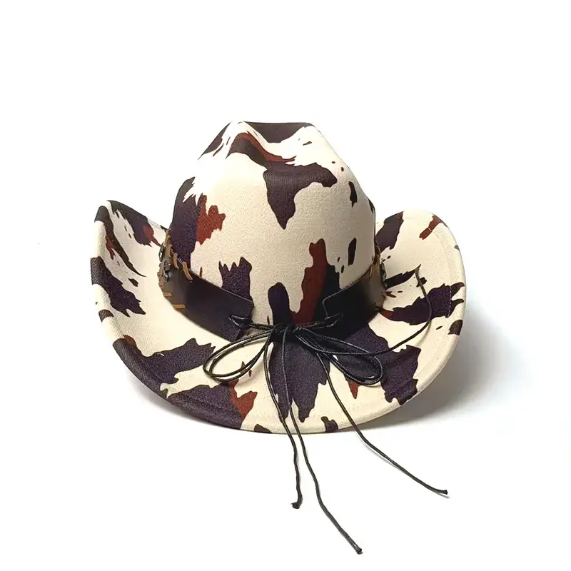 New Western Cowboy Hat Cow Head Design Sun Protection Yellow Milk Cow Patterned Capacious Sunshade Hat Lace Net Hat