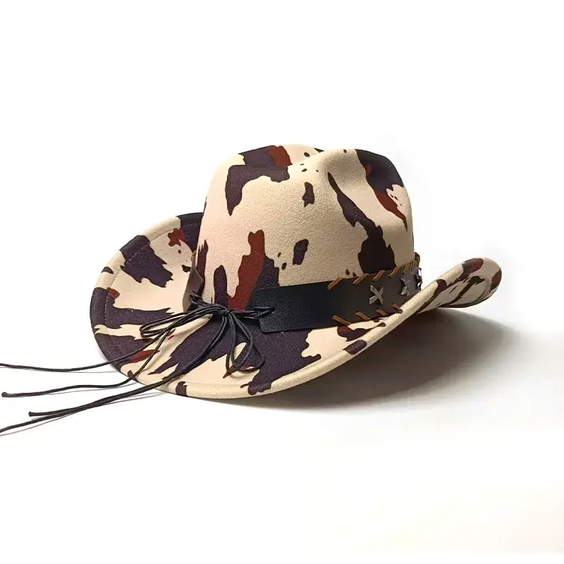 New Western Cowboy Hat Cow Head Design Sun Protection Yellow Milk Cow Patterned Capacious Sunshade Hat Lace Net Hat