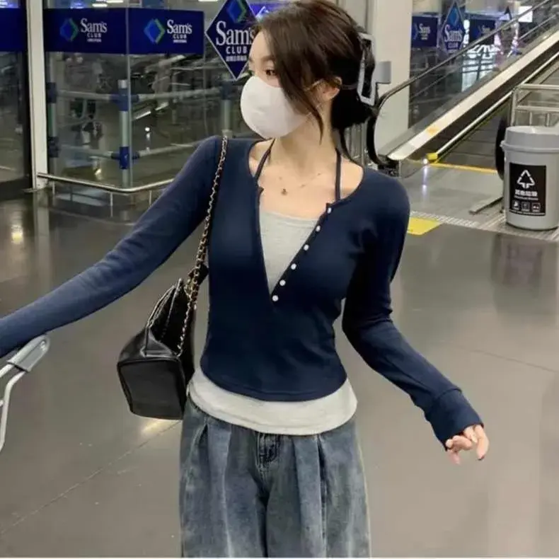 Pure Desire Aesthetic Two-Piece Illusion V-Neck Long Sleeve Tops Women's 2023 New Spring/Winter Slimming Base Niche Top