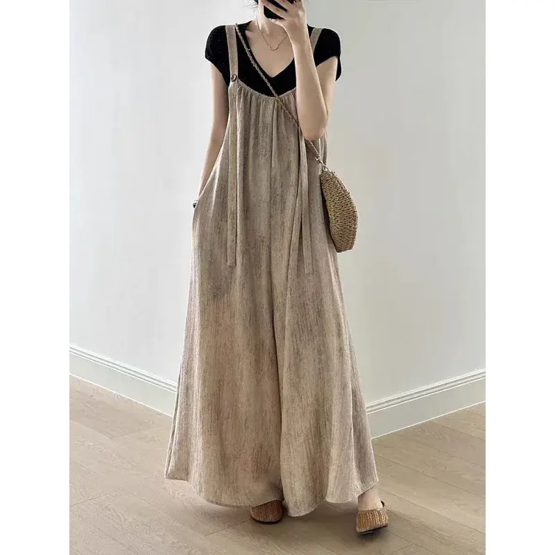 Laid-back Cotton Linen Wide Leg Overalls Women's Summer New Style Draping Loose Casual Trousers Comfortable Long Pants