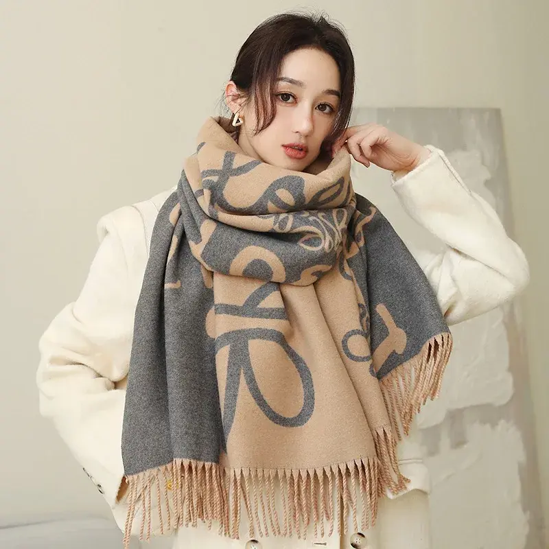 Autumn Winter 2023 New Women's Fashionable Versatile Letter Scarf Trendy Fashion Cashmere Imitation Shoulder Wrap Neck Tie