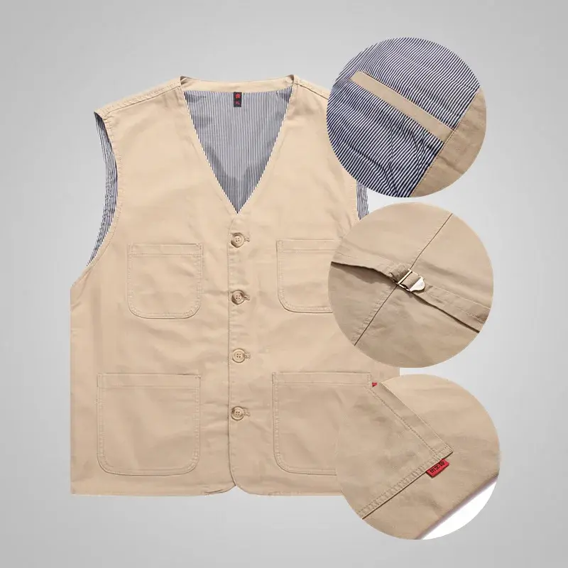 Plus Size Men's Pure Cotton Vest Multi-Pocket Casual Shoulder Vest Outdoor Cross-Border Casual Horse Clip Fishing Trendy