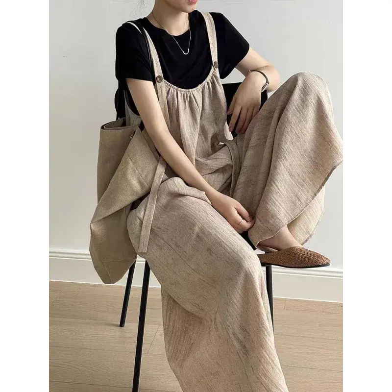 Laid-back Cotton Linen Wide Leg Overalls Women's Summer New Style Draping Loose Casual Trousers Comfortable Long Pants