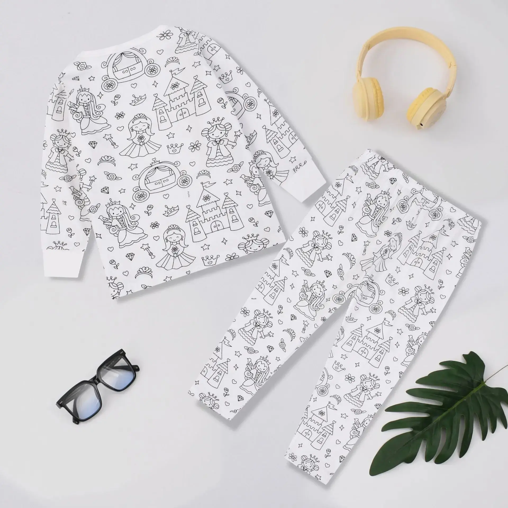 Comfortable Cotton Women's Kids Sketch Coloring Cartoon DIY Drawing Graffiti Suit Independent Station Rack Sleepwear Pajama Set
